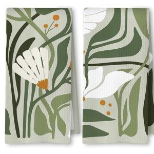 Abstract Boho Sage Green Floral Kitchen Towels Set of 2, 70s Retro Groovy Boho Botanical Dish Tea Towels for Kitchen Decor, Mid Century Modern Hand Towels for Bathroom Decor, 16x24 Inch