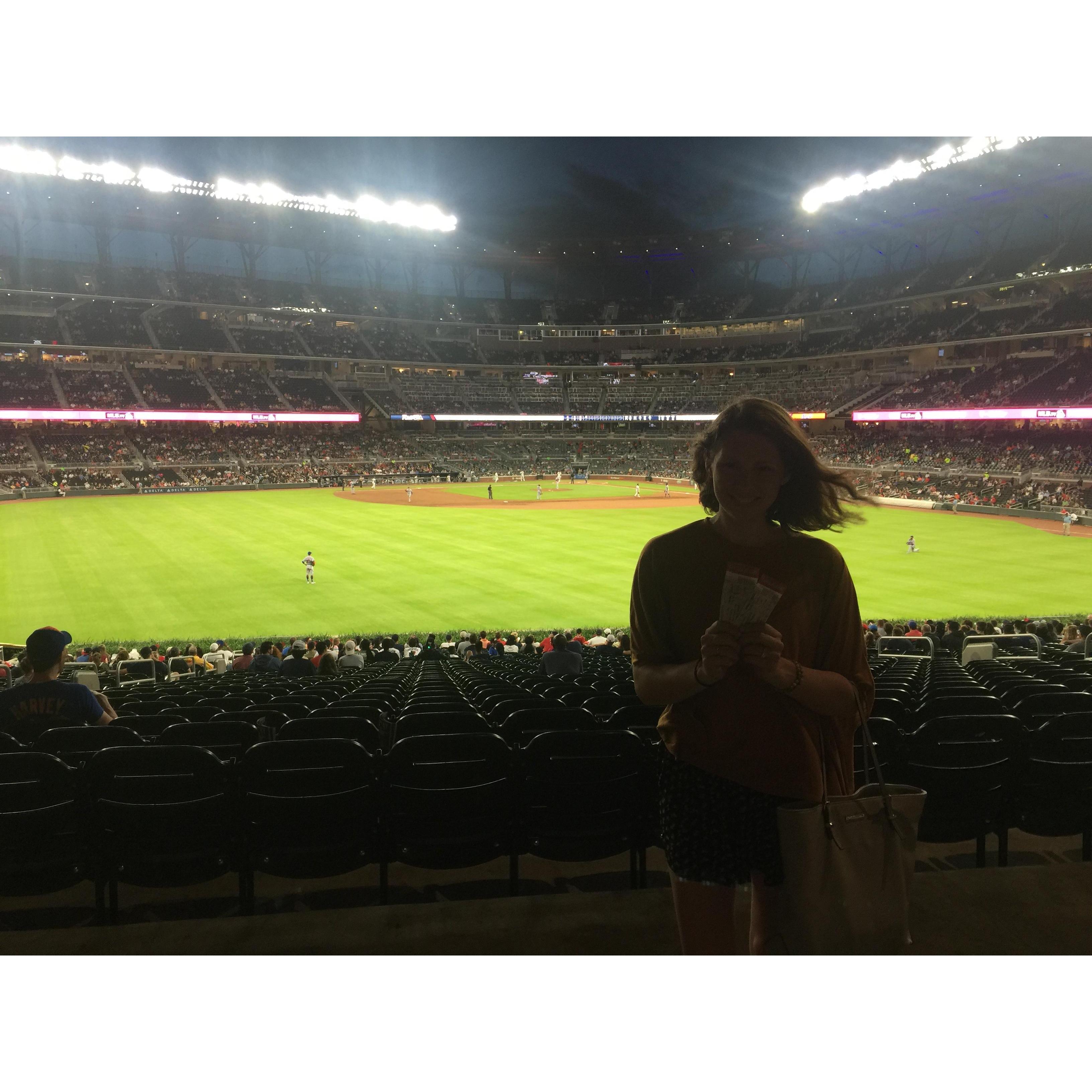 The day we moved to Atlanta. We parked our Uhaul after a 12 hr drive and ubered straight to the Braves game. This was taken before we saw Grace and Jeff, two of our good friends, up on the kiss cam!