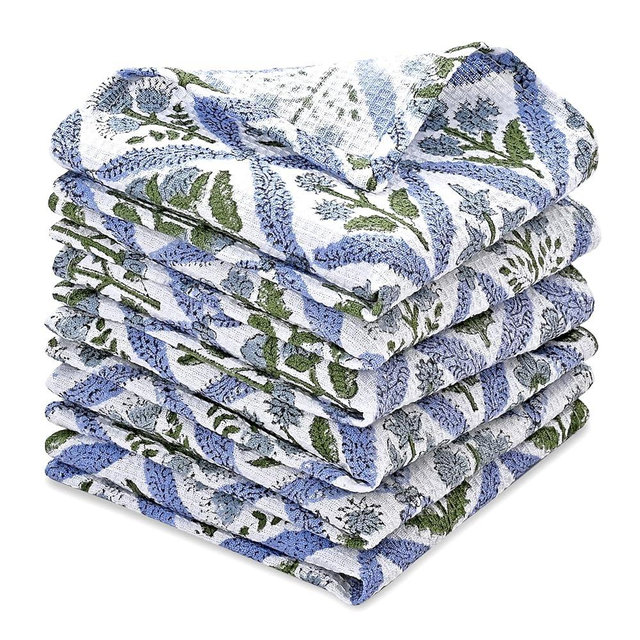 Ridhi Light Steel Blue Hand Block Print Cotton Waffle Dish Cloth Set of 6-12x12 Inch Super Absorbent, Soft, Reusable Kitchen Towels for Dish Drying Cleaning, Ideal for Spring, Easter, Valentine