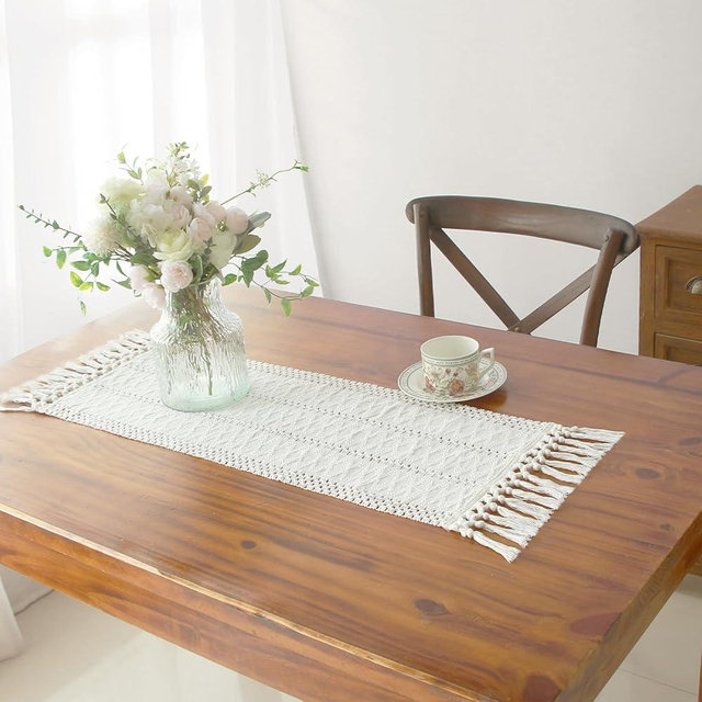 FEXIA Boho Macrame Table Runner with Tassels 36 Inches Long Cream for Farmhouse Home Decor Bohemian Dining Bedroom Decor Rustic Bridal Shower (12x36 Inches)