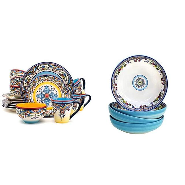 Euro Ceramica Zanzibar Collection 16 Piece Dinnerware Set Kitchen and Dining, Service for 4, Multicolor, Blue and Yellow & Zanzibar Collection Pasta Bowls, Set of 4, Multicolor Blue