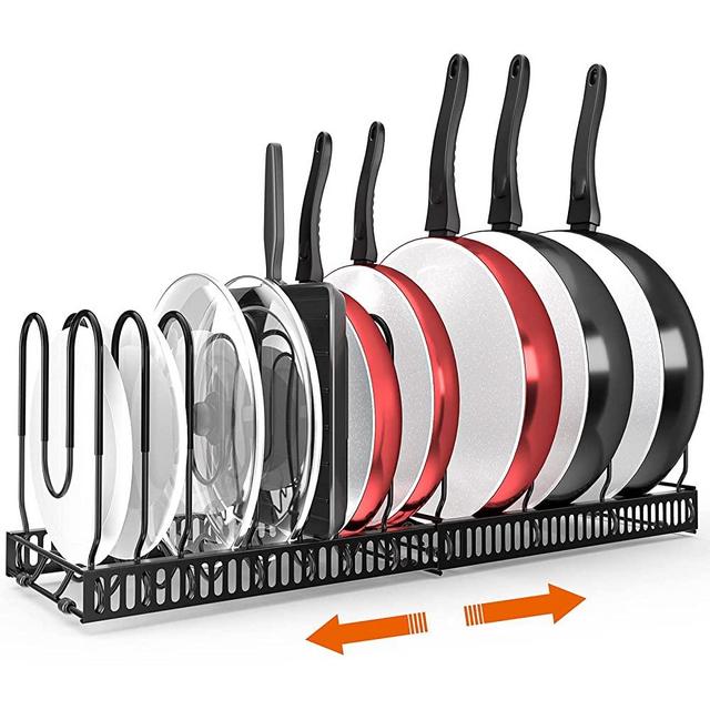 Expandable Pots and Pans Organizer, Ordora Pan Organizer Rack for Kitchen Countertop and Cabinet, 2 Pot Racks & 11 Adjustable Dividers, Pot Lid Organizer, Cutting Board Holder, 2 Easy DIY Methods