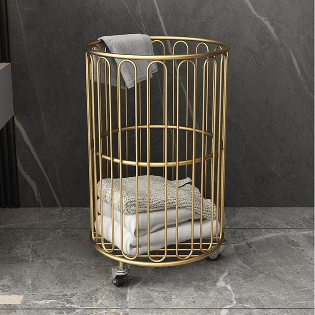 HOLMZCED Rolling Laundry Basket with Wheels, Round Laundry Cart Metal Laundry Basket Cart Mobile Laundry Hamper Floor Storage Cart Gold for Bedoom Balcony Bathroom