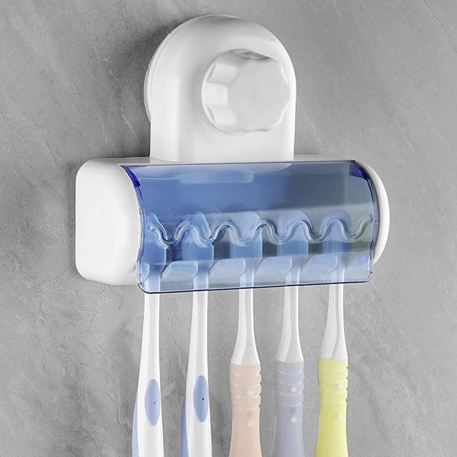 Self Adhesive Toothbrush Holder with Cover for Bathroom, 5-Slot Wall Mounted Toothbrush Organizer Rack for Shower, Dorm, Cabinet