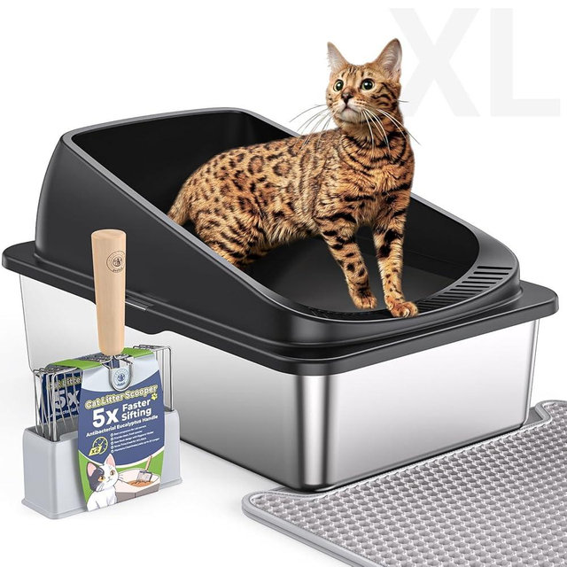 PEDIBAT Stainless Steel Cat Litter Box with Scoop, Metal Litter Box High Sided, Cat Litter Box Enclosure, XL Extra Large High-Sided Litter Boxs (Anti-Urine Leakage, Include Scoop) (Black)
