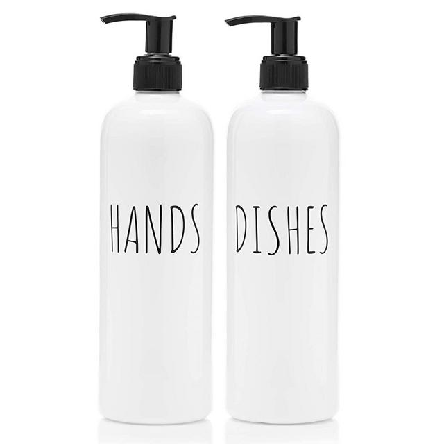 Vada Designs Soap Dispenser Bottles Hands and Dishes 16 oz Plastic with Pump |Farmhouse Decor, Kitchen, Bathroom| Rust Free and Shatter Proof | 2 Piece Reusable for Hand and Dish Liquid Soap