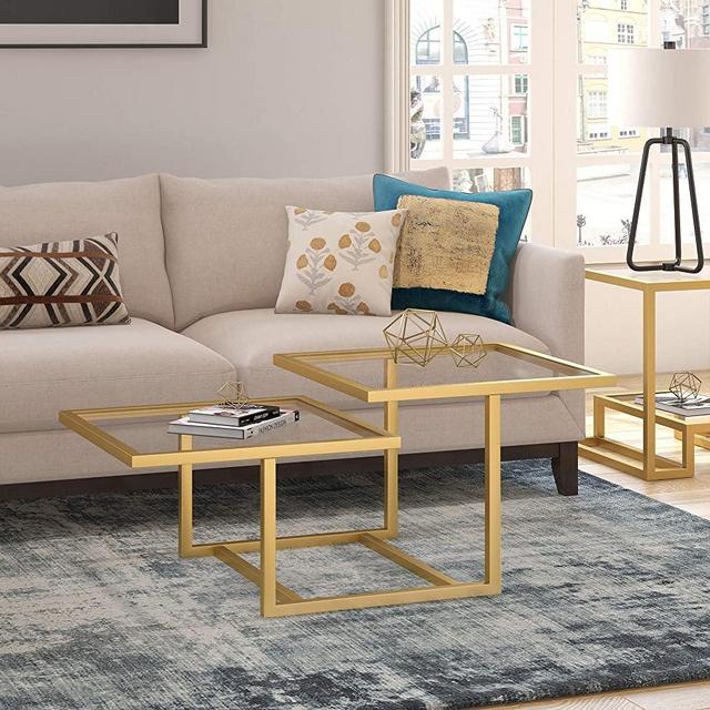 Henn&Hart Modern Chic 2-Tier Coffee Table for Living Room, 18" H x 43" L x 23" W, Golden Brass