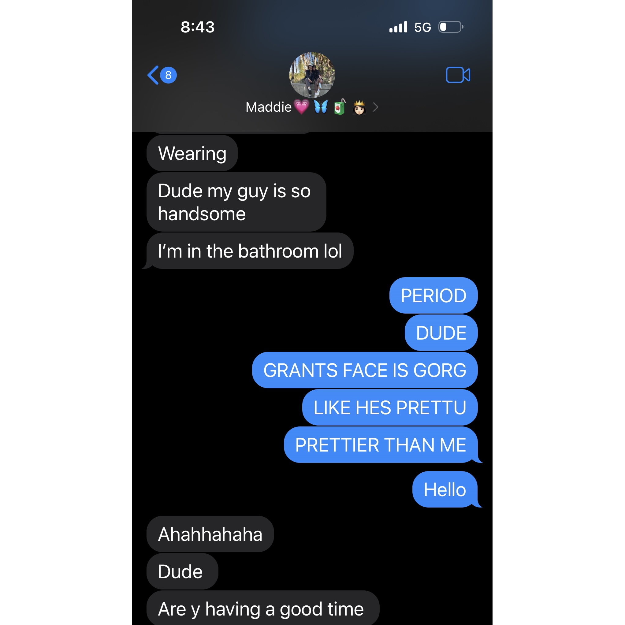 Remi texting one of her best friends (and future bridesmaid) on R & G's first date.