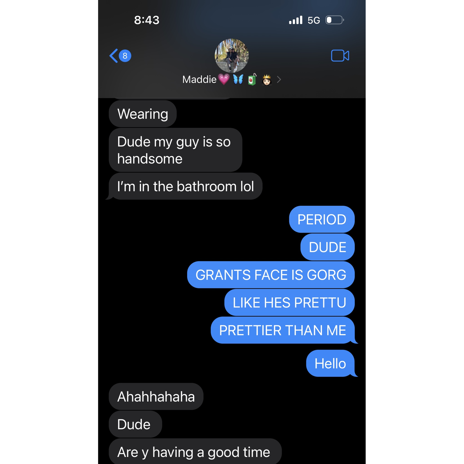 Remi texting one of her best friends (and future bridesmaid) on R & G's first date.