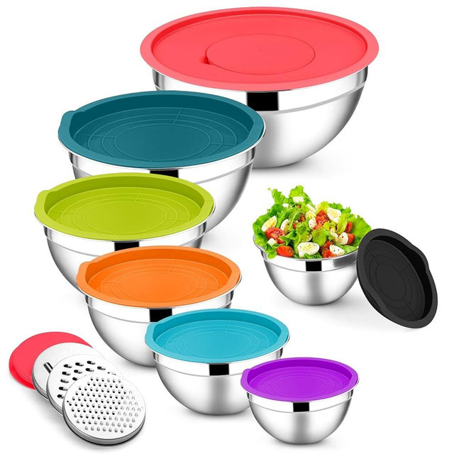 E-far Mixing Bowls with Lids Set, 7-Piece Stainless Steel Mixing Bowls with 3 Grater Attachments, Size 4.6, 3.5, 2.6, 2, 1.5, 1, 0.7QT, Nesting Design & Colorful Airtight Lid, For Baking/Prepping