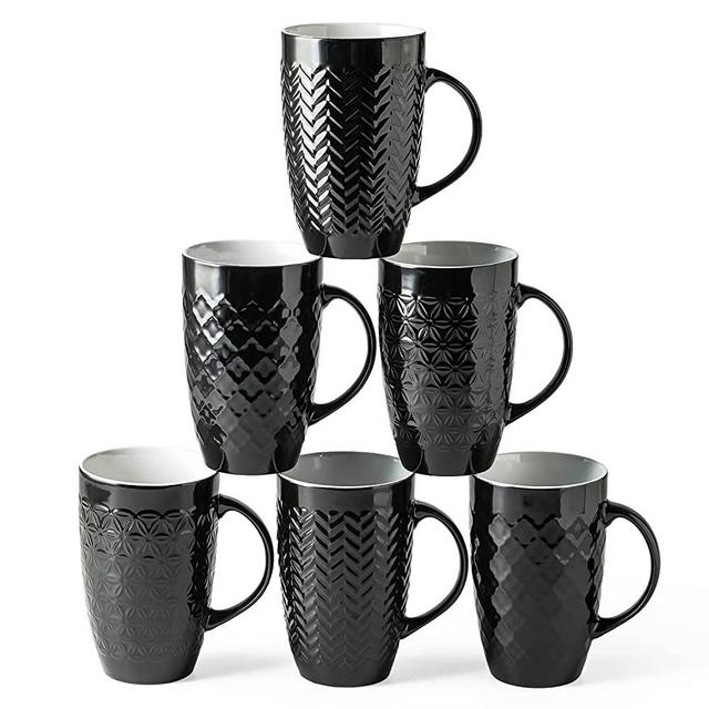 AmorArc Large Coffee Mugs Set of 6, 20oz Porcelain tall Coffee Mugs Set with Textured Geometric Patterns for Coffee/Tea /Beer/Hot Cocoa, Dishwasher & Microwave Safe, Black
