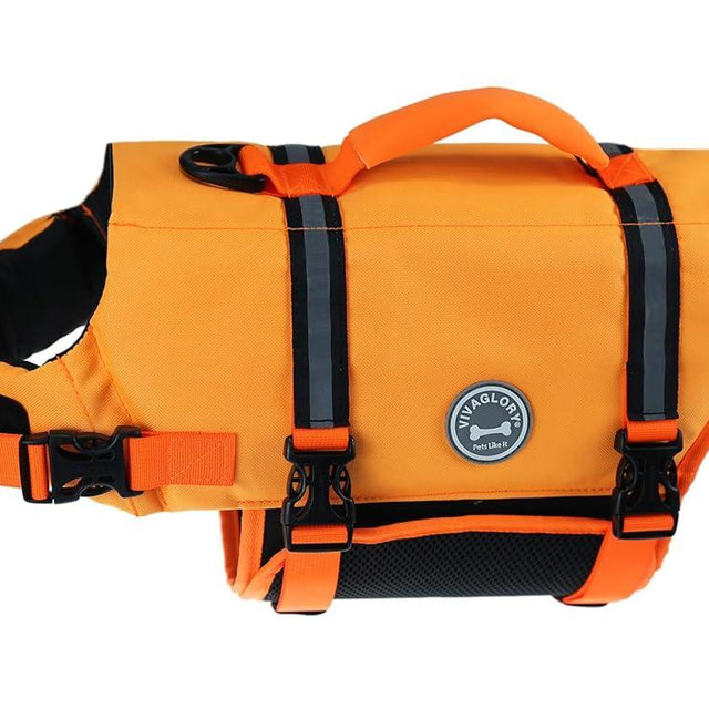 VIVAGLORY Rip Stop Dog Life Vest, Swimming Vest with Handle, Buoyancy for Doggy Puppy, Dog Life Jacket for Swimming & Boating, L, Dark Orange