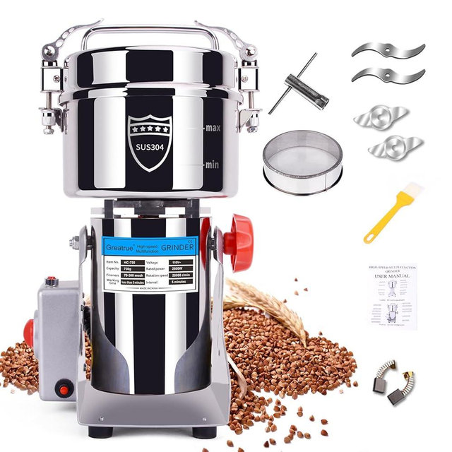 Greatrue 750g Electric Grain Mill Grinder, 304 Stainless Steel Grain Mill, 2800W High Speed Spice Grinder, Electric Grain Mill for Dry Wheat, Oats, Corn, Pepper and Coffee Beans