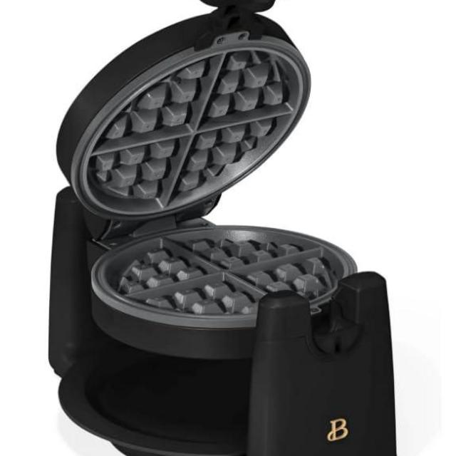 Beautiful Rotating Belgian Waffle Maker with 7 Browning Settings, Nonstick, Dishwasher-Safe Parts, 1000W Power, Foldable Handle for Easy Storage by Drew Barrymore (Black Sesame)