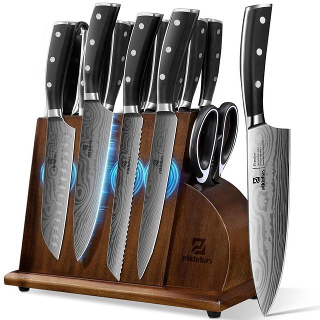 Piklohas Kitchen Knife Sets For Kitchen With Block, 17 Pieces With Magnetic Knife Holder, German High Carbon Stainless Steel Damascus Pattern Chef Knife Set With Sharpener, Steak Knives