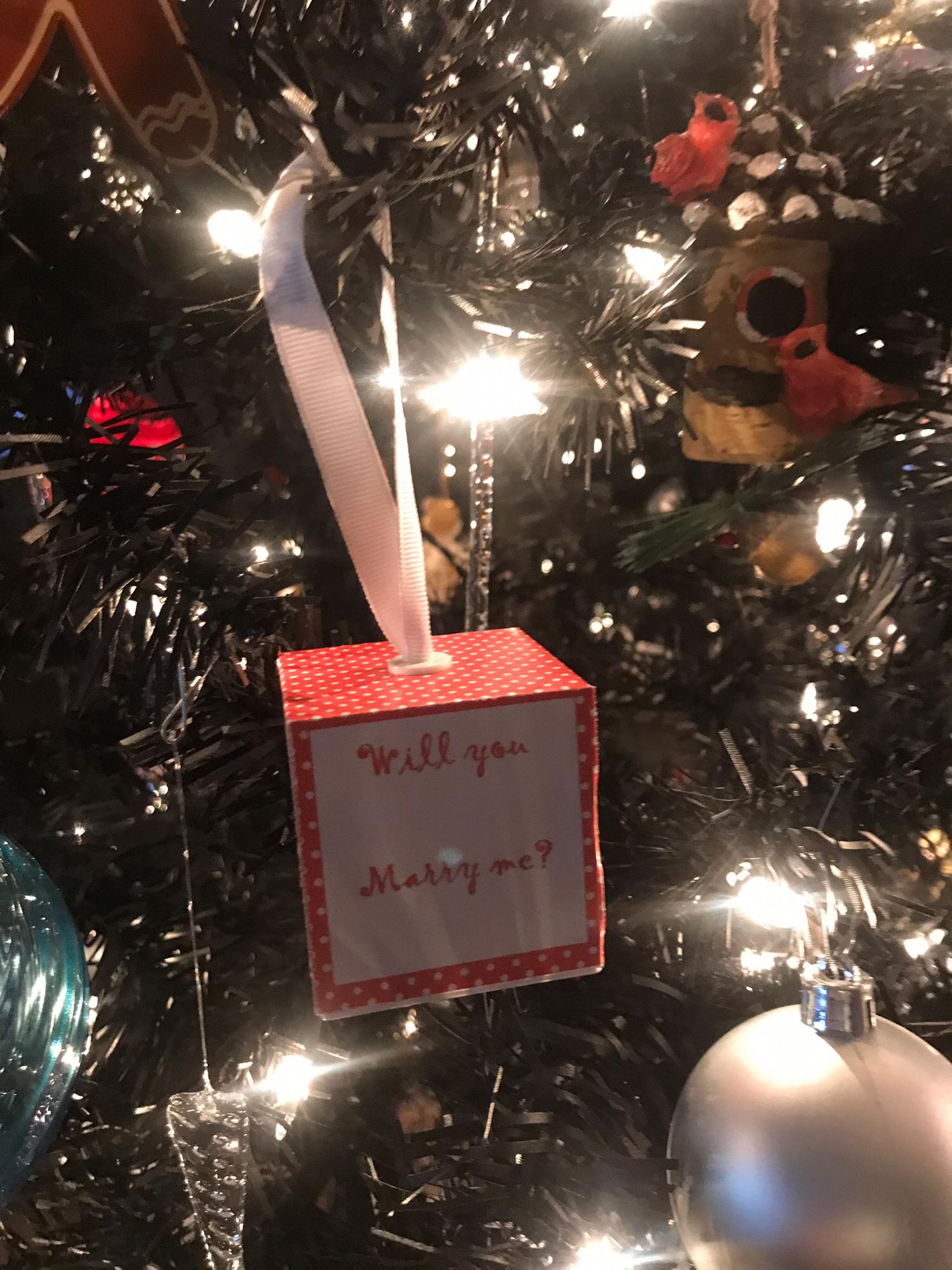 This is how Patrick proposed to Laura, with the ring placed around the ribbon.  (Laura took this photo after the ring was placed on her finger!)