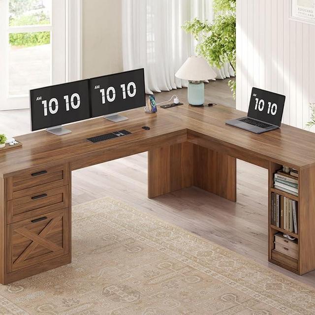 SEDETA 67" Farmhouse L Shaped Desk with 3 Drawers, Executive Home Office Desks with Storage Shelves, Corner Computer Desk with Power Outlets for Home Office, Brown