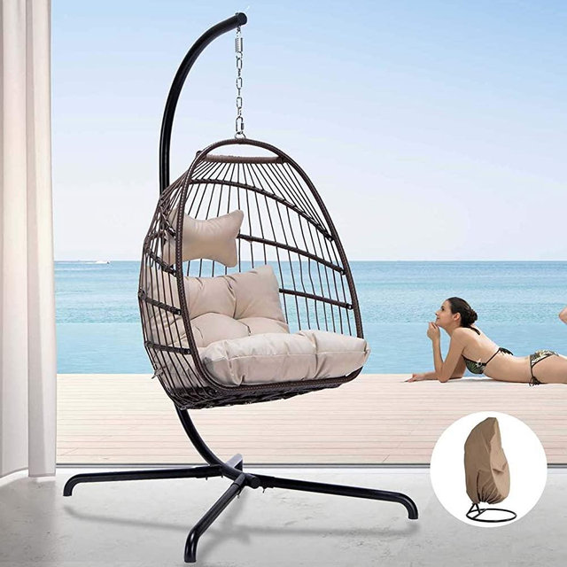 Indoor Outdoor Patio Wicker Hanging Chair Swing Hammock Egg Basket Chairs UV Resistant Cushions with Aluminum Frame 350lbs Capaticy for Patio Backyard Balcony (Brown with Cover)