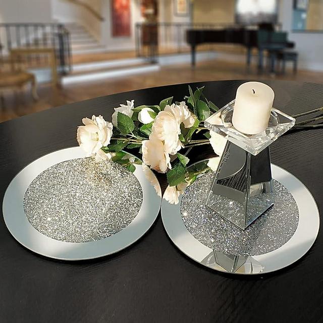 GIMORRTO Glass Mirrored Mat, Crushed Diamond Round Cup Mats 10" Decor on Tabletop for Bar Tools Dining Table