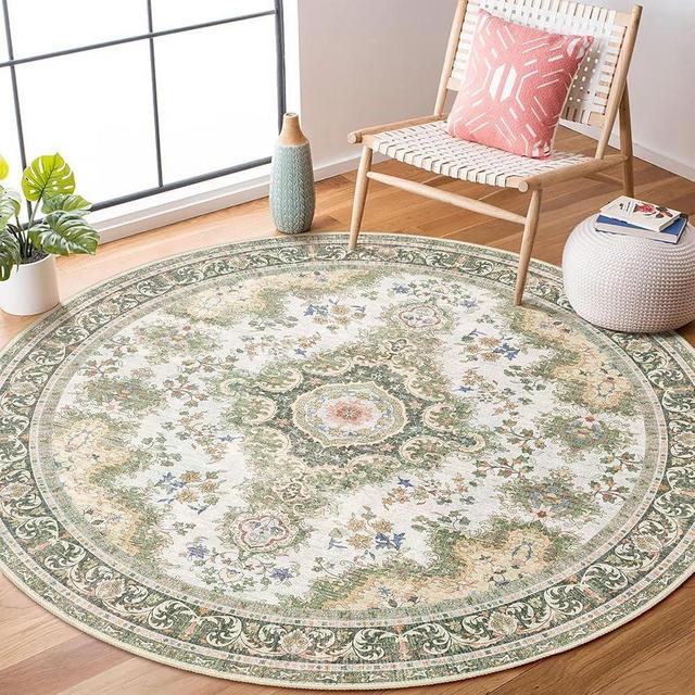 Castage Green Round Rug 4ft,Circle Washable Area Rugs for Bedroom Bathroom Entryway,Small Boho Vintage Bohemian Distressed Oriental Floral Carpet Non Slip,Sage Floral