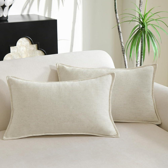Pack of 2 Decorative Rectangle Throw Pillow Covers 12x20 inch, Pearl White Chenille Linen Blend, Vintage Ultra Soft Extra Thick Luxury Neutral Cushion Covers for Sofa Bed, Modern Boho Farmhouse Decor