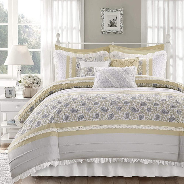 Madison Park Cotton Comforter Set-Modern Cottage Design All Season Down Alternative Bedding, Matching Shams, Bedskirt, Decorative Pillows, King(104"x92"), Dawn, Shabby Chic Yellow 9 Piece