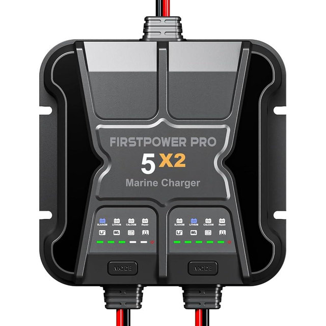 2 Bank Marine Battery Charger 5X2, 10A (5A/Bank) - 12V Waterproof Onboard Battery Charger, Battery Maintainer & Desulfator for SLA/AGM, Lithium (LiFePO4), Calcium & Deep-Cycle Battery- Charged 24/7