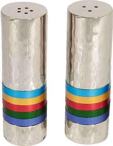 Yair Emanuel Hammered Salt and Pepper Shaker Set - Multicolor Rings