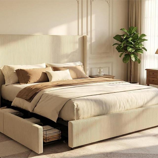 IDEALHOUSE King Size Bed Frame with Storage Drawers, Corduroy Upholstered Platform with Wingback, No Box Spring Needed, Cream Beige