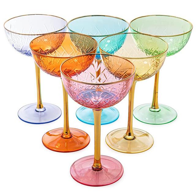 Colored Coupe Art Deco Glasses | Set of 6 | 12 oz Classic Cocktail Glassware for Champagne, Martini, Manhattan, Cosmopolitan, Sidecar, Crystal Speakeasy Style Goblets Stems, Elegantly Vintage Color