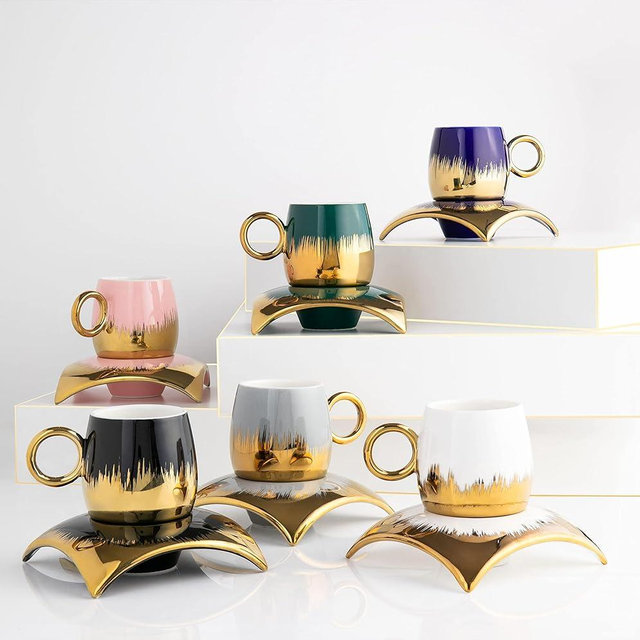 GLOXZY Turkish Coffee Cup Set of 6 with Saucers & Tray - Luxury Arabic Greek Japanese Marble Ceramic Tea Cups for Espresso Cappuccino Latte Mocha, Ideal Gift - 6.7oz,- Assorted Colors