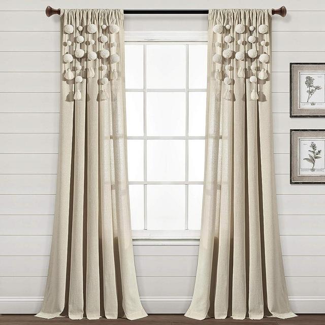 Lush Decor Boho Pom Tassel Window Curtain (Single Panel), 84 x 52 in (L x W), Dark Linen