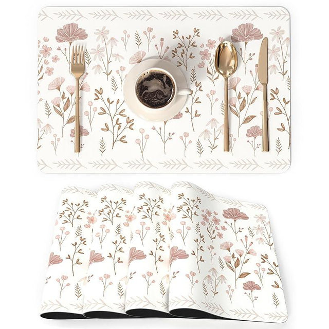 QIYI Placemats Set of 6, 12x18 Inch Faux Leather Place Mats for Kitchen Dinning, Heat Resistant Anti Slip Floral Table Mats, Waterproof Wipeable Washable Placemat Party Beige Table Décor, Pink Flowers