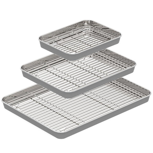 BRONYPRO Stainless Steel Baking Sheet with Wire Rack Pan (3 Pans + 3 Racks), Cookie Sheets 9/12/16 In, Non-Toxic (PFOA & PTFE Free), Solid Warp-Resistant Cooking Trays for Oven & Toaster, Gray