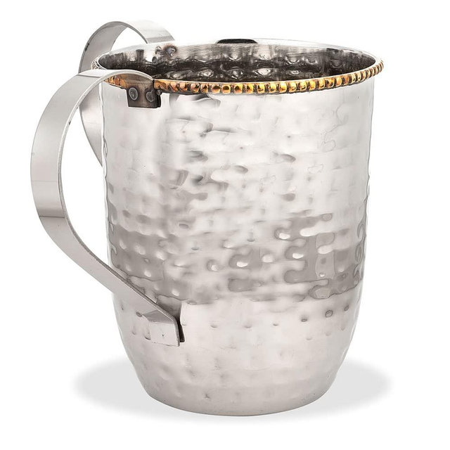 Zion Judaica Pesach Seder Wash Cup 5" Elegant Hammered Metal Washing Cup with Brass Beaded Edge Netilas Yudieim Vessel with Dual Handles Netilat Yadayim Passover Seder