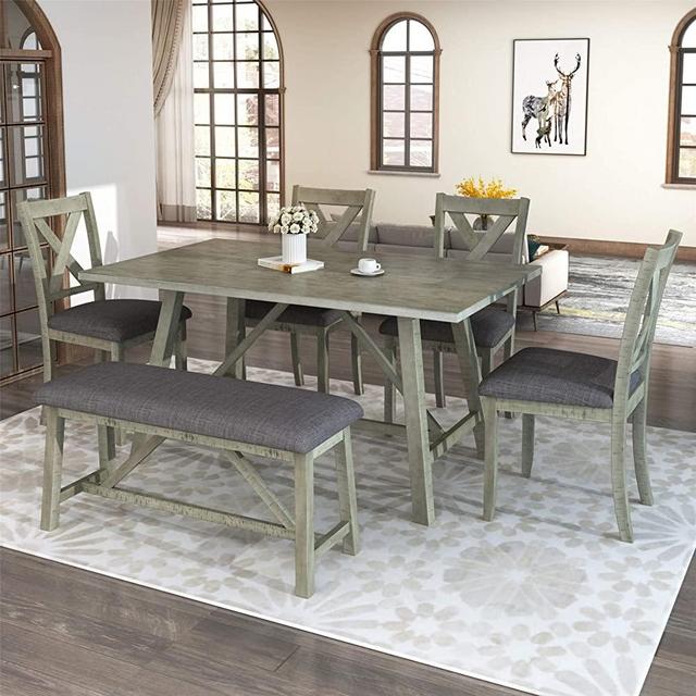 6 Piece Dining Table Set, Wood Dining Dinette Table and 4 Chairs with 1 Bench with Cushion, Rustic Style Kitchen Table Set for 6 Persons, Retro Gray