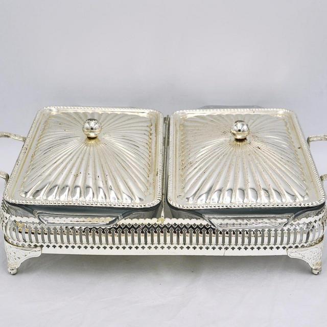 Silverplate And Glass Pyrex Double Serving Dish Stand With Lids - Vintage Silver Serving Ware
