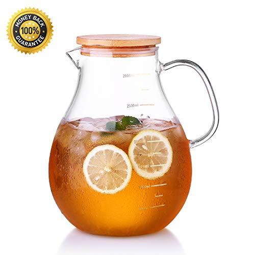 95 Ounce Large Glass Pitcher with Lid and Handle - Heat Resistant Borosilicate Beverage Carafe for Juice and Iced Tea