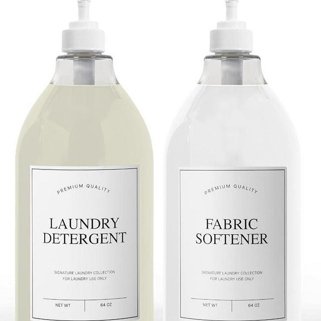 Calindiana Modern Farmhouse Liquid Laundry Detergent and Fabric Softener Dispenser for Laundry Room Decor and Organization, PET Plastic Landry Soap Containers with Water Resistant Labels, Clear 64oz