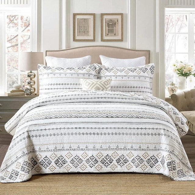 DUOHONG Quilts Queen Size - Queen Quilt Bedspread Sets, 100% Cotton Boho Quilted Bedding Set for Queen Bed, 3 Pieces Bohemian Reversible Striped Lightweight Comforter Bed Spread, White