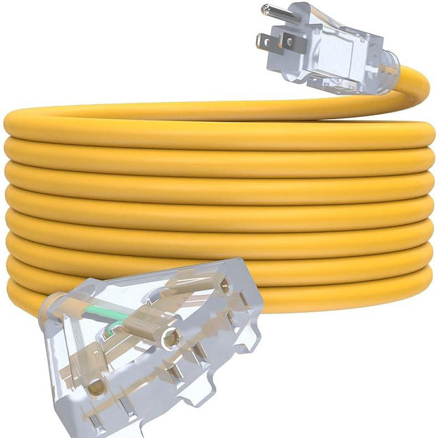25Ft 12/3 Outdoor Extension Cord with 3-Outlets, Heavy Duty 12 Gauge 3 Prong Extension Cord Waterproof with Lighted end, 15A 12AWG 1875W SJTW, ETL Listed - Great for Garage, Garden and Home, Yellow