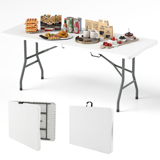 Costway 6 ft Portable Folding Table w/HDPE Tabletop Safe Lock Mechanism Carrying Handle White