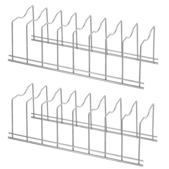 SANNO Pan and Pot Lid Organizer Rack for Pot Lids, Plates, Cutting Boards, Bakeware, Cooling Rack, Serving Trays, 2 Pack, Total 8 Compartments, Stainless Steel Pack of 2