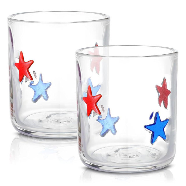 SiliFine 2 Pcs Star Icon Juice Glass, Patriotic Cups Red Blue Star14 Ounces Independence Day Wine Glass for Parties and Gifts Giving