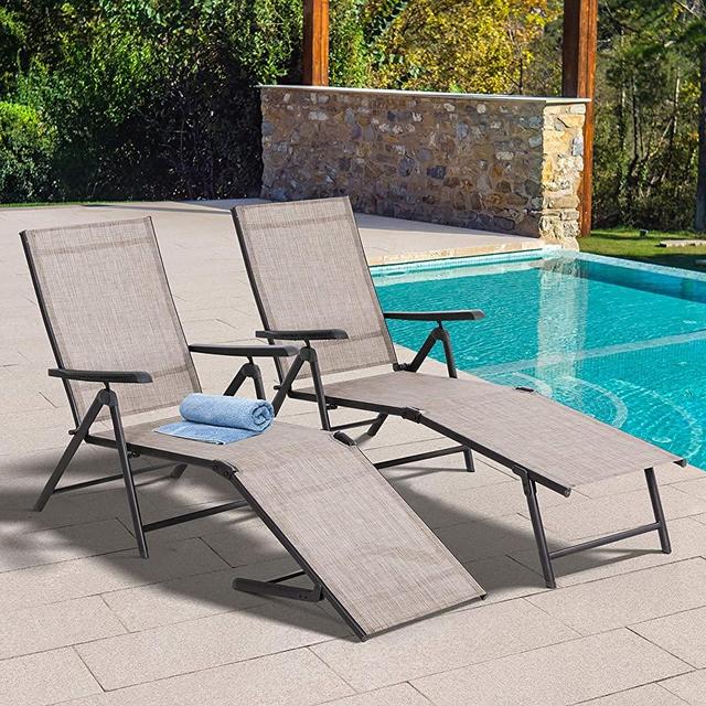 Vongrasig Patio Chaise Lounge Chairs Set of 2, Outdoor Adjustable Steel Textiline Folding Reclining Lounge Chair Outdoor Lay Out Chairs w/ 6 Back 2 Leg Positions for Lawn Garden Pool Beach Yard, Brown