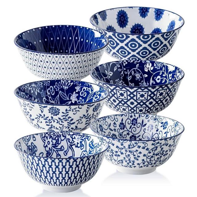 Cerkik Ceramic Soup Bowls Set - 24 Oz Deep Cereal Bowl for Kitchen - 6 Inch Large Porcelain Dinner Bowl Eating Salad Pasta Dessert Oatmeal - Microwave Dishwasher Safe - Set of 6 - Vintage Blue