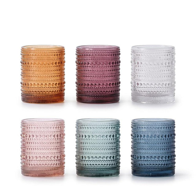 Mfacoy Colored Hobnail Drinking Glasses Set of 6, 10oz Vintage Kitchen Glassware, Embossed Beaded Glass Cups, Water Glasses, Beaded Colorful Water Tumbler for Cocktail, Juice and Various Mixed Drinks