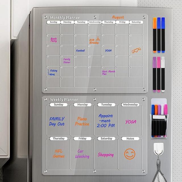SKYDUE Acrylic Magnetic Monthly and Weekly Calendar for Fridge, 16" x 12" Set of 2 Clear Magnetic Dry Erase Calendar Board for Refrigerator with 6 Markers in 5 Colors