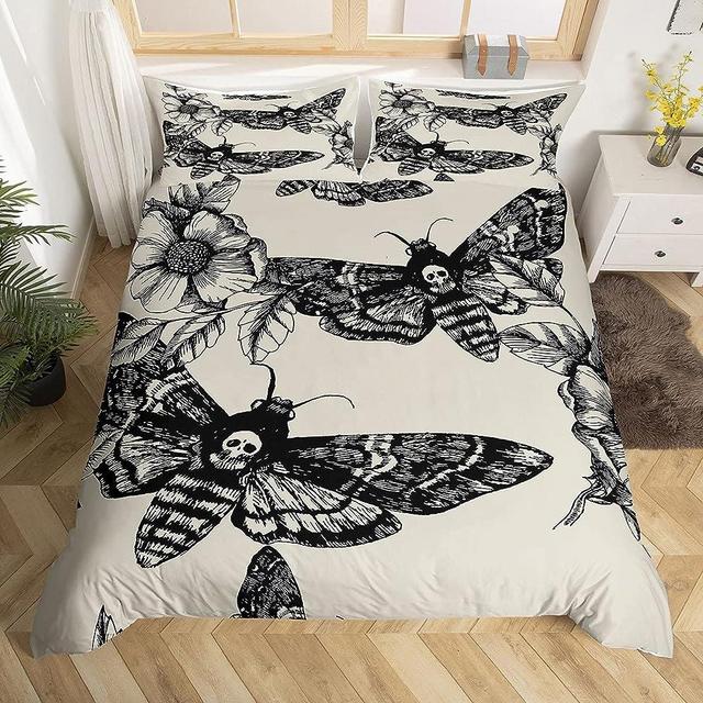 Skull Comforter Cover Set Queen Size Moth Printed Gothic Style Duvet Cover For Teen Boys Kids Sugar Skull Pattern Botanical Floral Decor Gray White Black Soft Microfiber Bedding Set With Zipper Ties