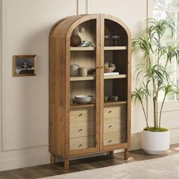 Walker Edison Darci Modern Arched Bookshelf Cabinet with Full-Length Glass Doors and Inner Drawers, 74 Inch, English Oak